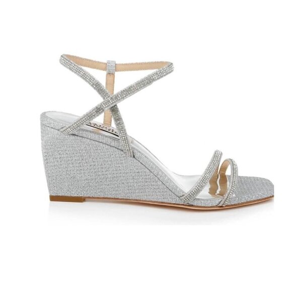 Badgley Mischka Womens Silver Glittery Square Open Toe Wedge Sandals Sz 9 New - Picture 9 of 13